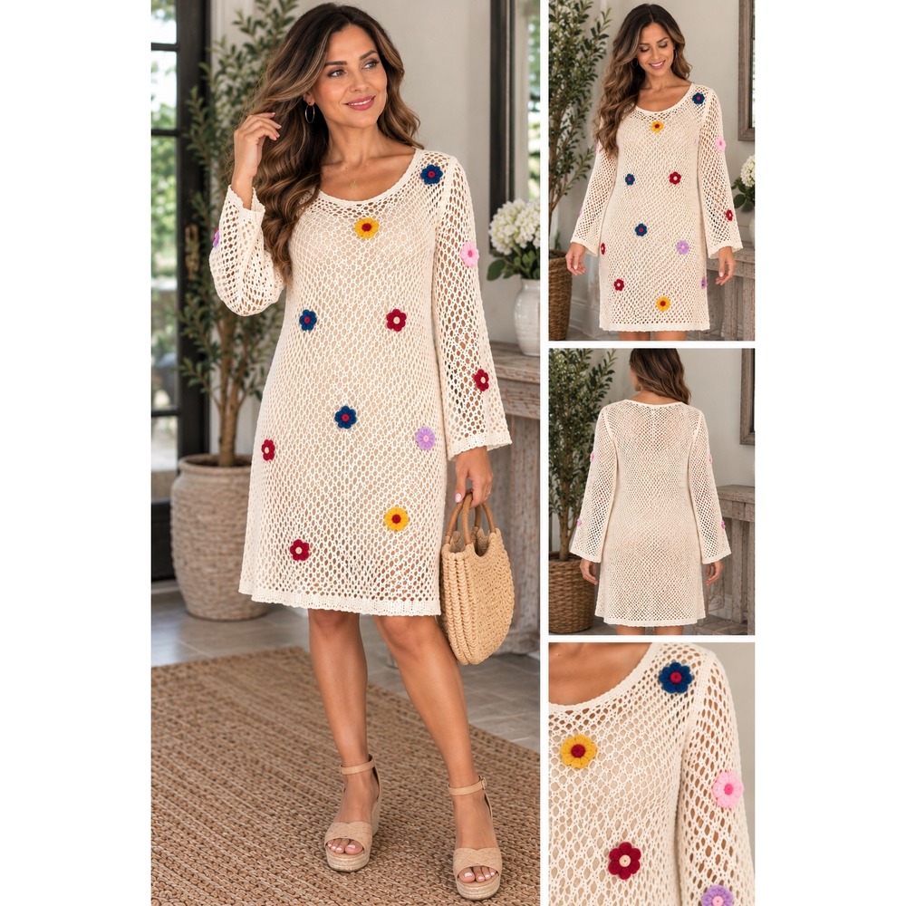 Unbranded Crochet Open Knit Floral Mini Dress Cover Up Cream White V-Neck L